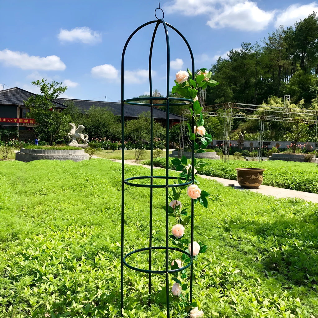 Dark green wrought iron plant climbing frame with lattice pattern, 188cm tall