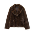 Women's double-sided artificial fur jacket coat in brown with faux fur collar