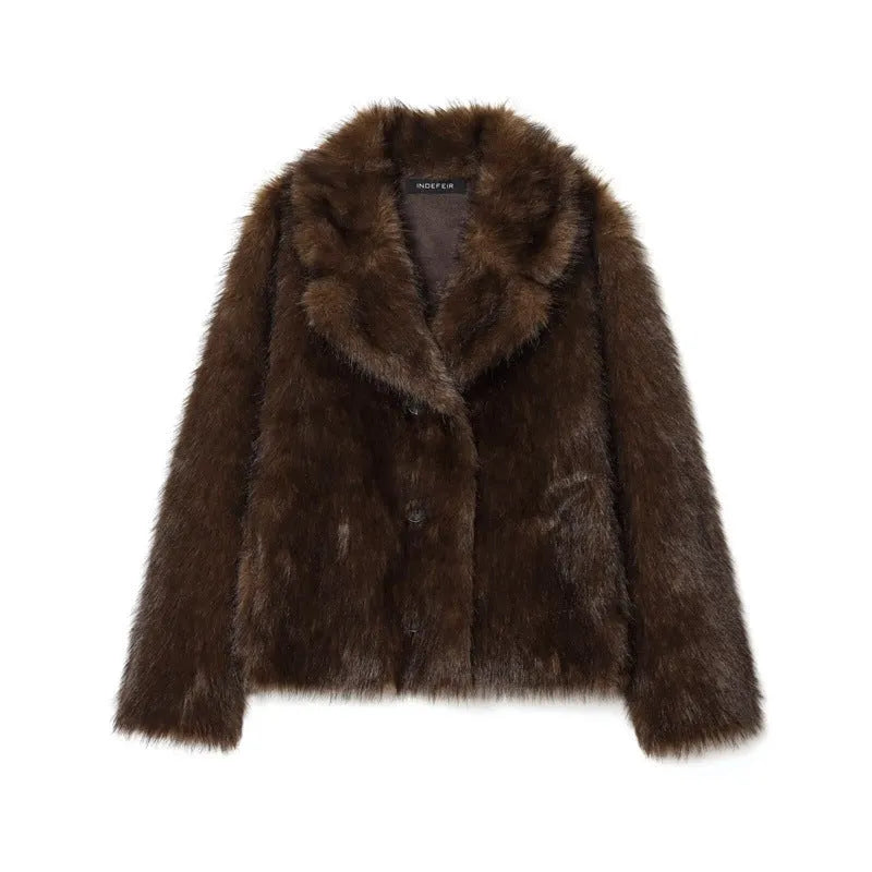 Women's double-sided artificial fur jacket coat in brown with faux fur collar