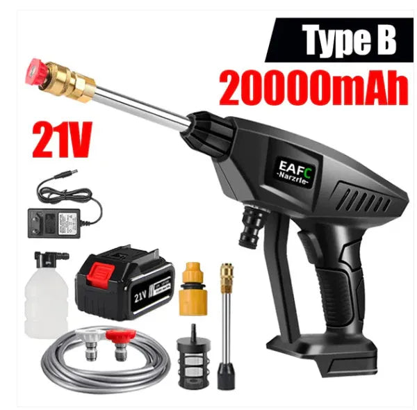 Wireless lithium battery car washing gun, red and white, with straight sector shape nozzle and plastic handle