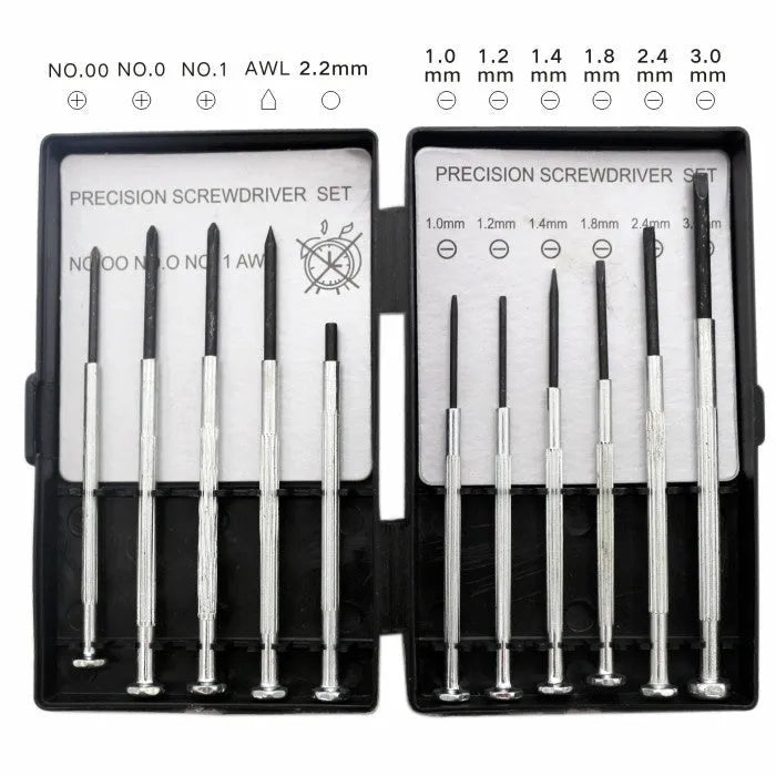 TH-6177 11-piece clock repair screwdriver set with cross and slotted bits on a work surface.