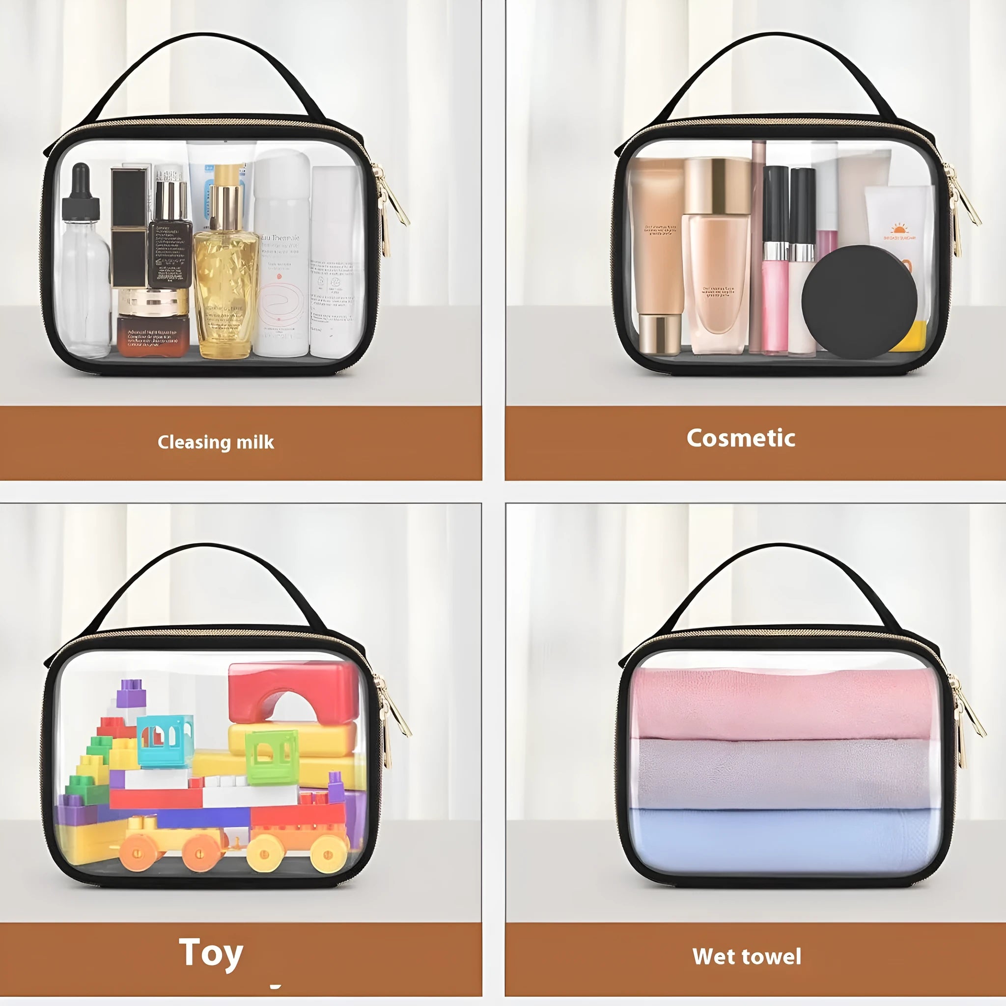 Transparent PVC cosmetics wash bag with chain handle in multiple colour options.