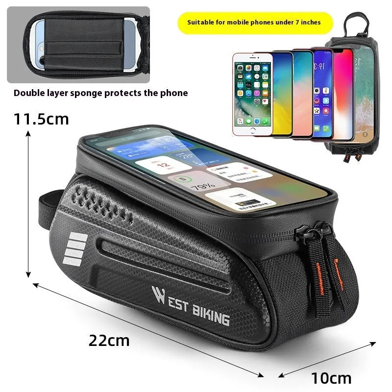 Black bicycle upper tube hard shell front beam bag in EVA and polyester fibre, 7.0 inches, 1.5L capacity