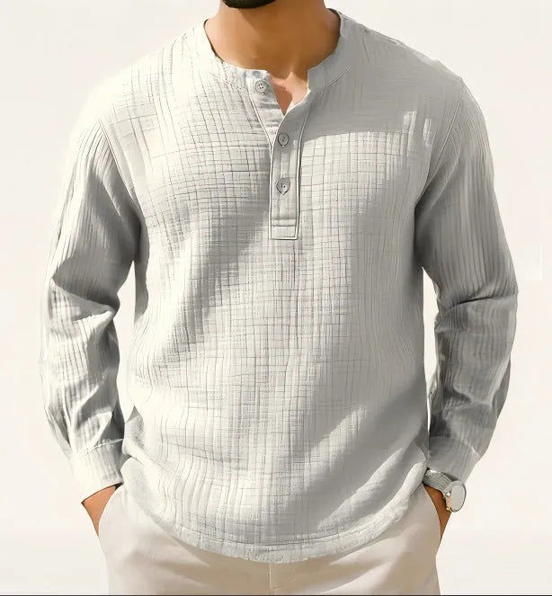 Long sleeve linen blend shirt with round neck and 3/4 sleeves in Army Green colour