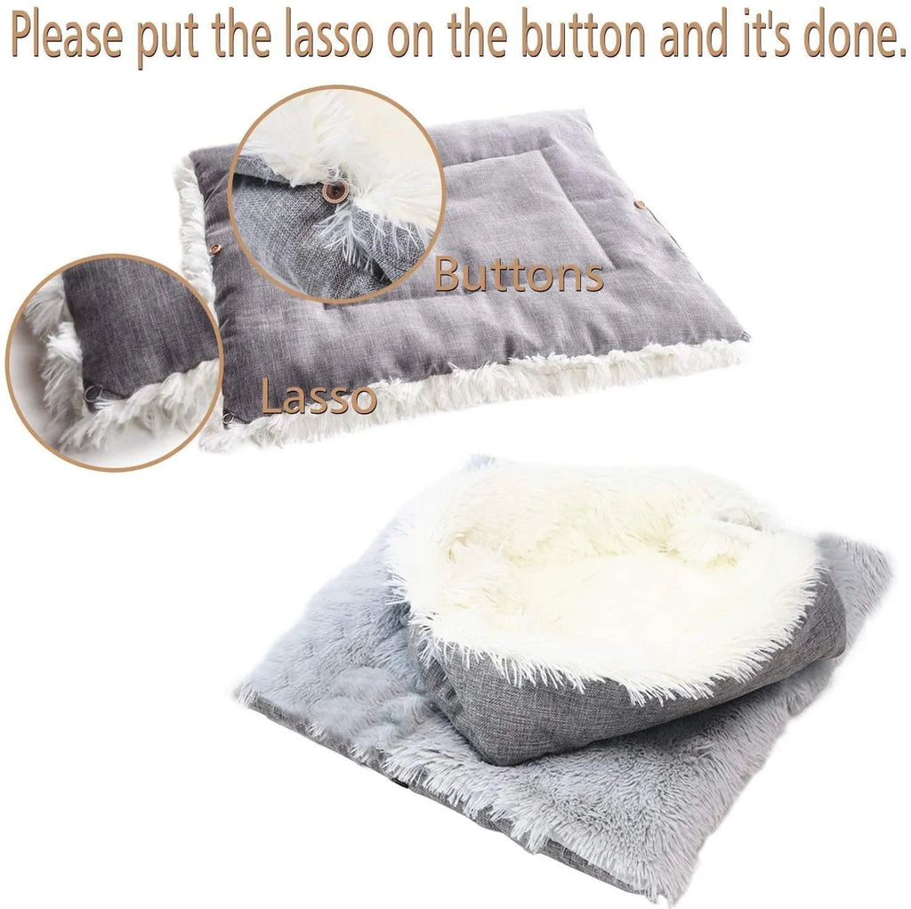 Grey fluffy pet sleeping pad for cats and dogs on a sofa, showing non-slip black bottom.