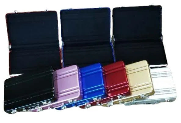 Slim aluminium alloy card holder in choice of six colours: red, blue, black, silver, pink, gold.