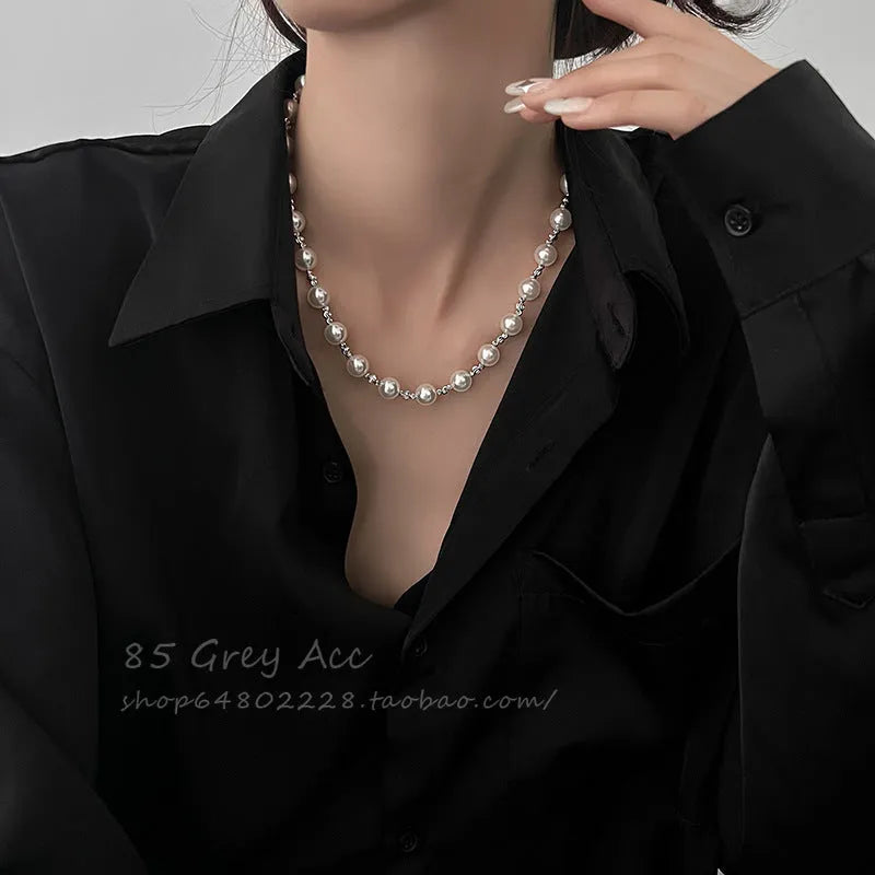 Women's 10mm pearl necklace with Mother Pearl shellfish geometric pendant on 45cm chain