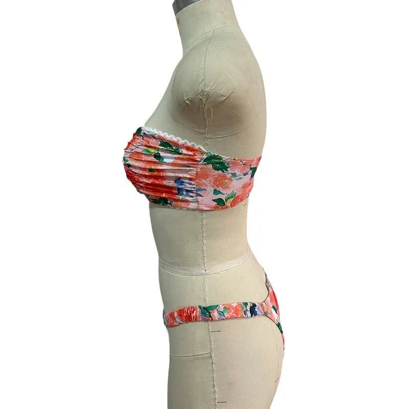 Women's floral printed bikini set with lace trim tube top and matching briefs