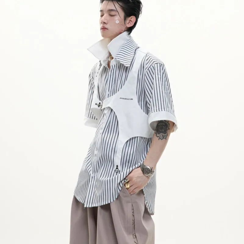 Men's black and white striped shirt with double collar design and short sleeves