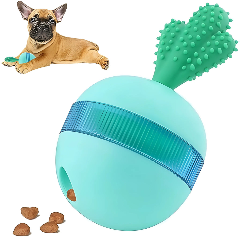 Blue durable rubber treat dispensing dog toy ball with tumbler design for medium large breeds