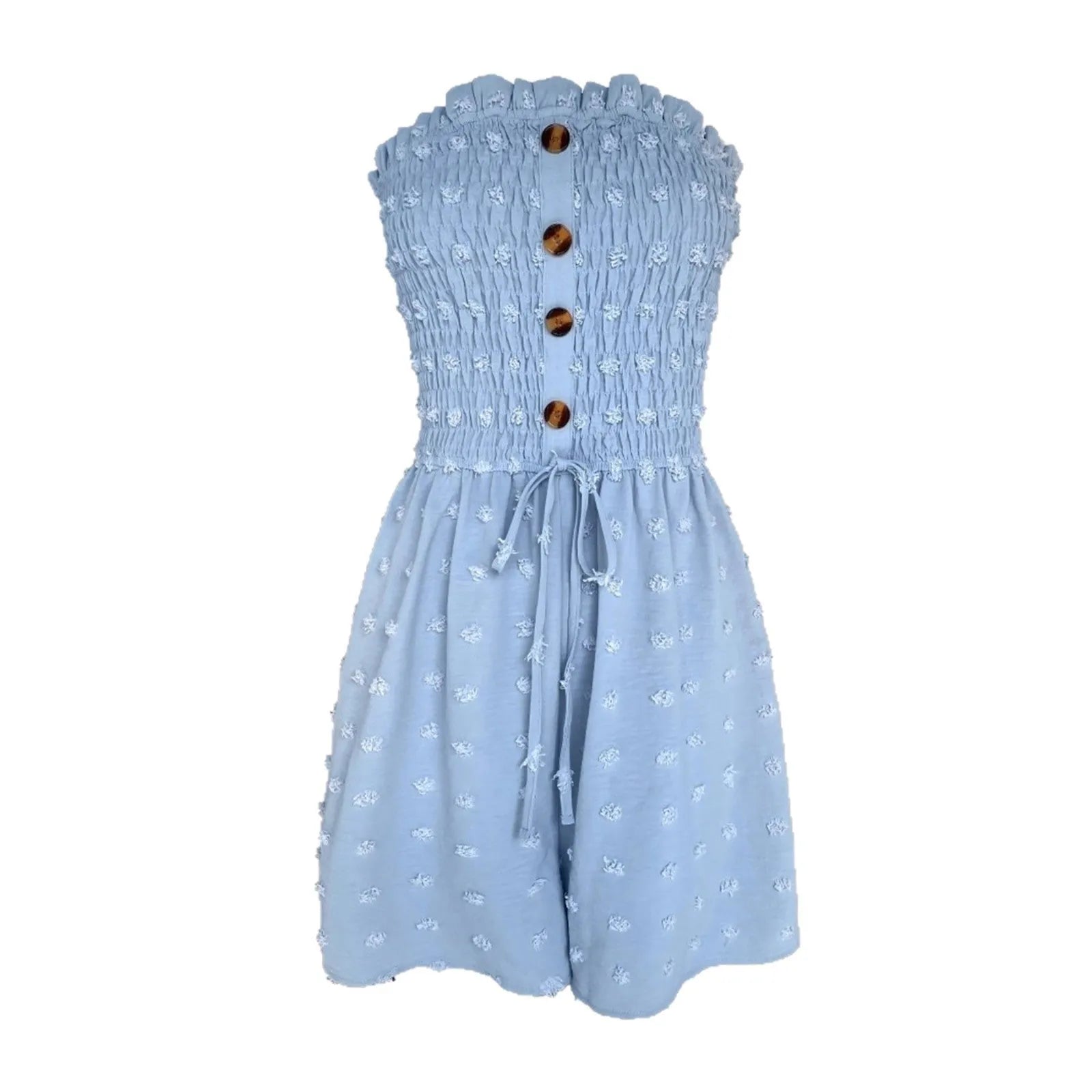 Blue off-shoulder sleeveless women's jumpsuit with button detail and cropped legs.