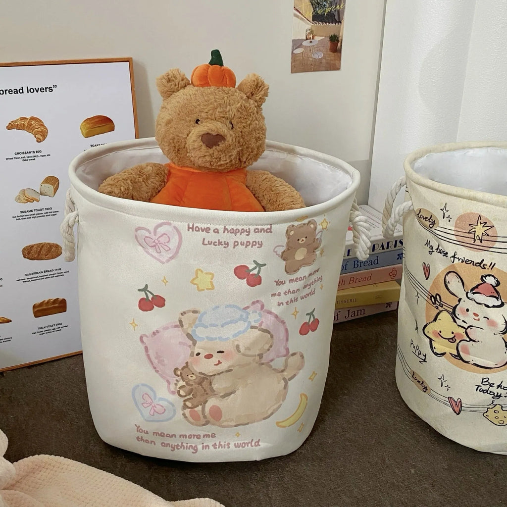 Foldable cotton cloth laundry basket with bear pattern design for bedroom storage