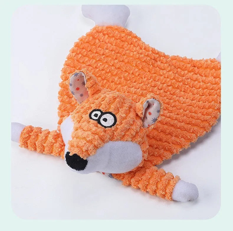 Brown velvet fox-shaped pet toy with sound element for interactive cat and dog play
