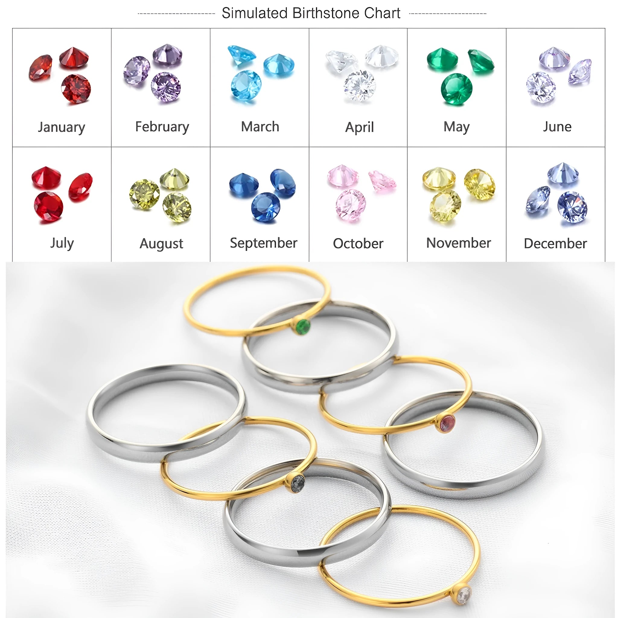 Close-up of a geometric titanium steel ring with an engraved December birthstone colour design on the band.