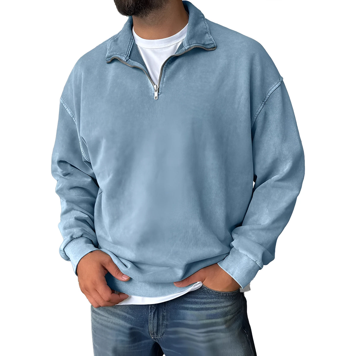 Men's loose drop shoulder sweatshirt with stand collar, 100% cotton, long sleeve pullover in solid colours, sizes S to 4XL