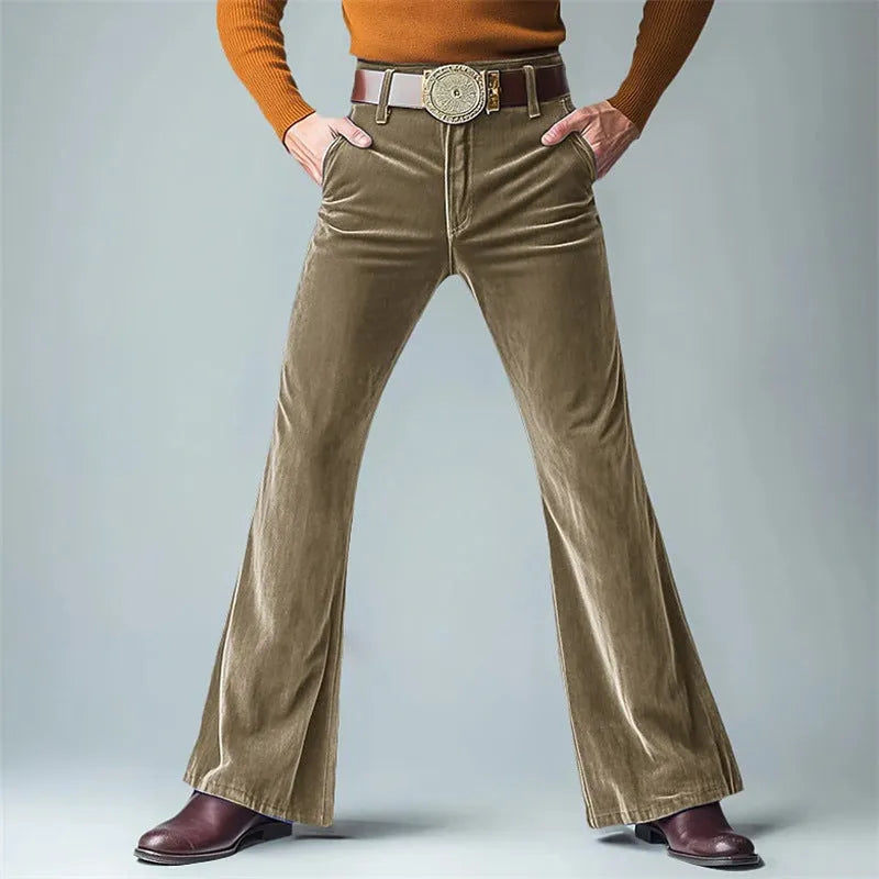 Men's gold velvet slim flared suit pants in black colour for formal banquet wear
