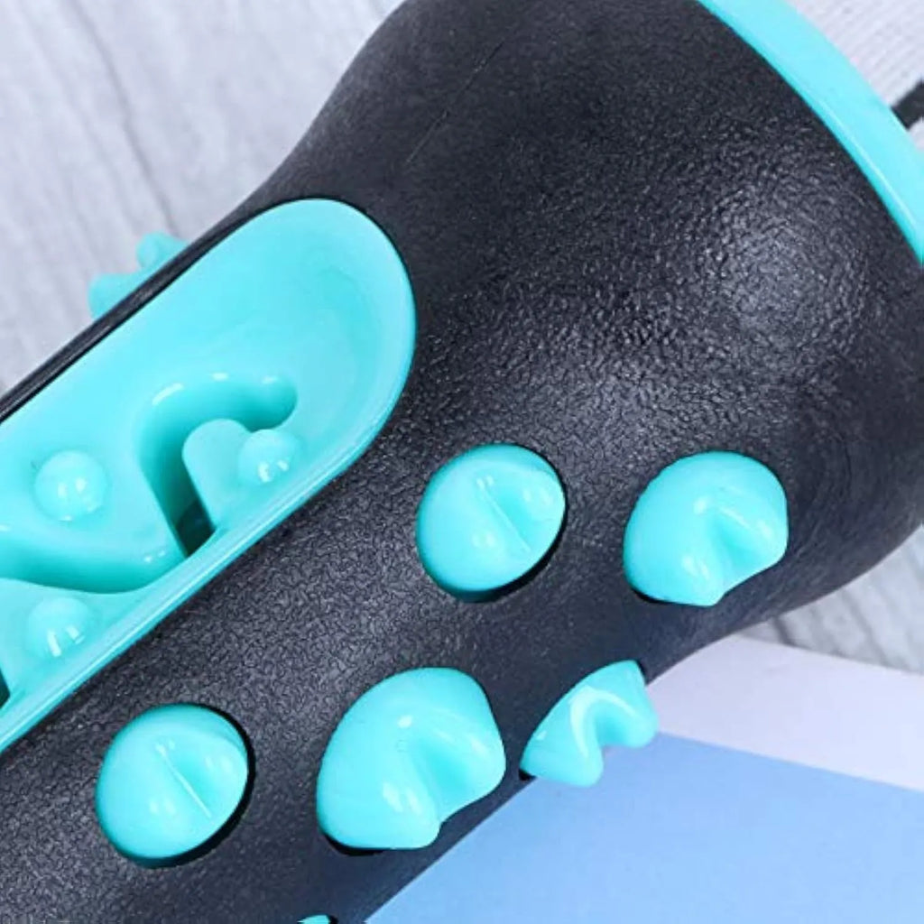 Natural rubber dog dental chew toy in blue, green, yellow, and black blue colours.