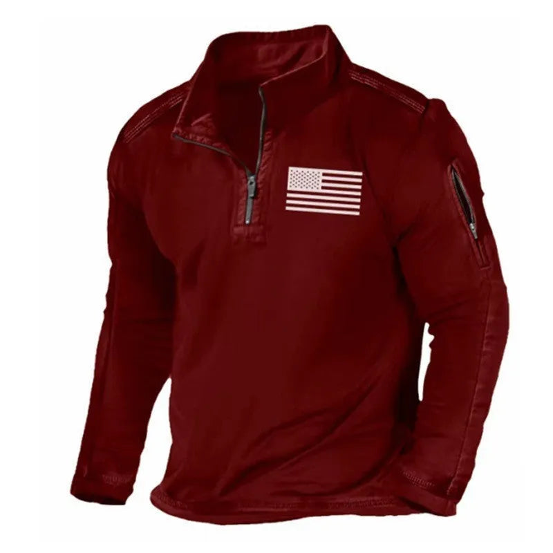 Men's black zip-front stand collar long-sleeved sports sweater laid flat.