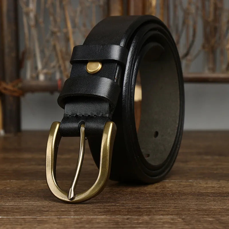 Men's genuine leather belt with 3.3cm wide copper buckle, handmade vegetable tanned, available in black brown khaki and red brown
