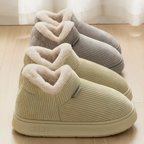 Ankle wrap cotton slippers in green with plush upper and EVA non-slip sole