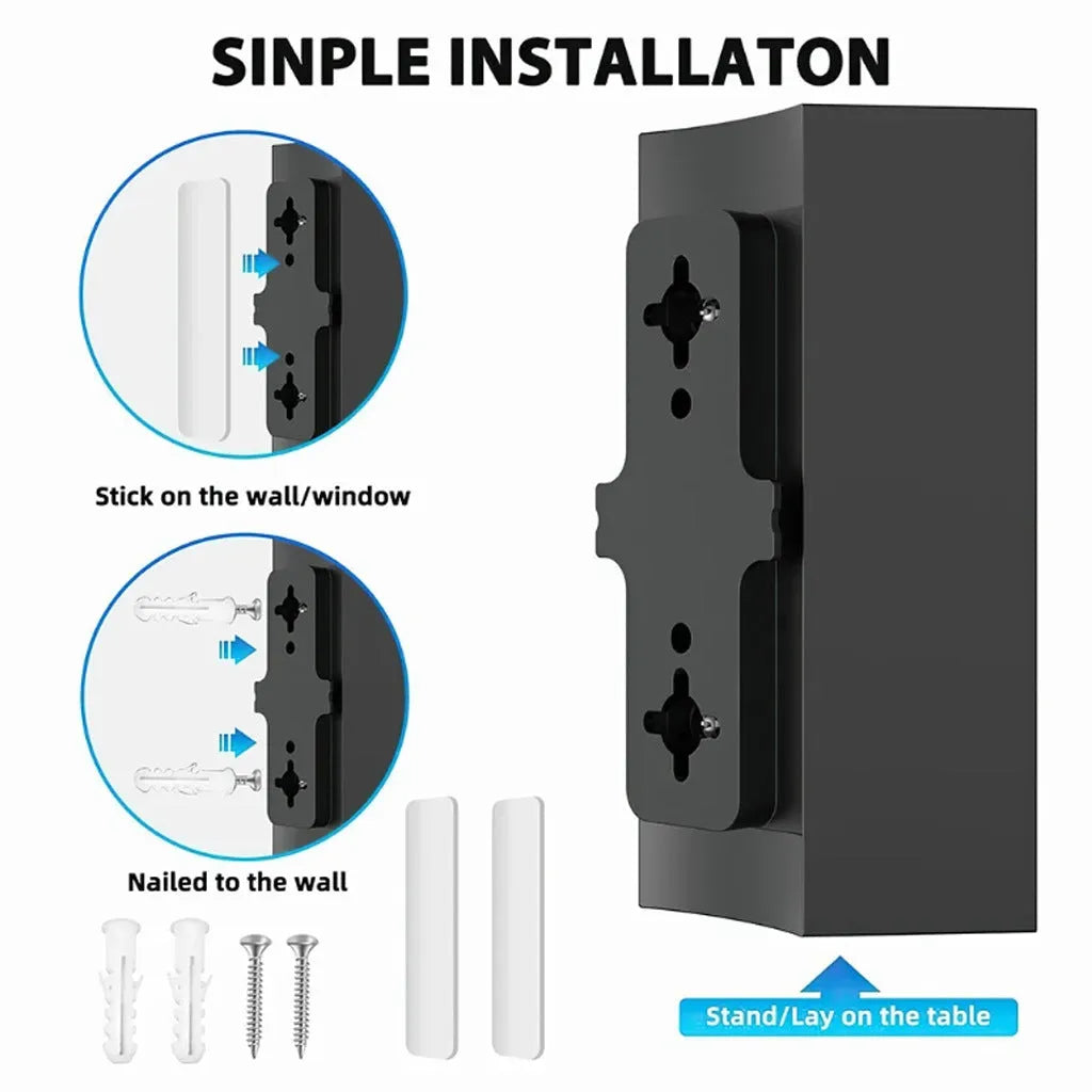 Black indoor digital television antenna with amplifier next to mounting screws, tubes, cable ties, and adhesive tape.