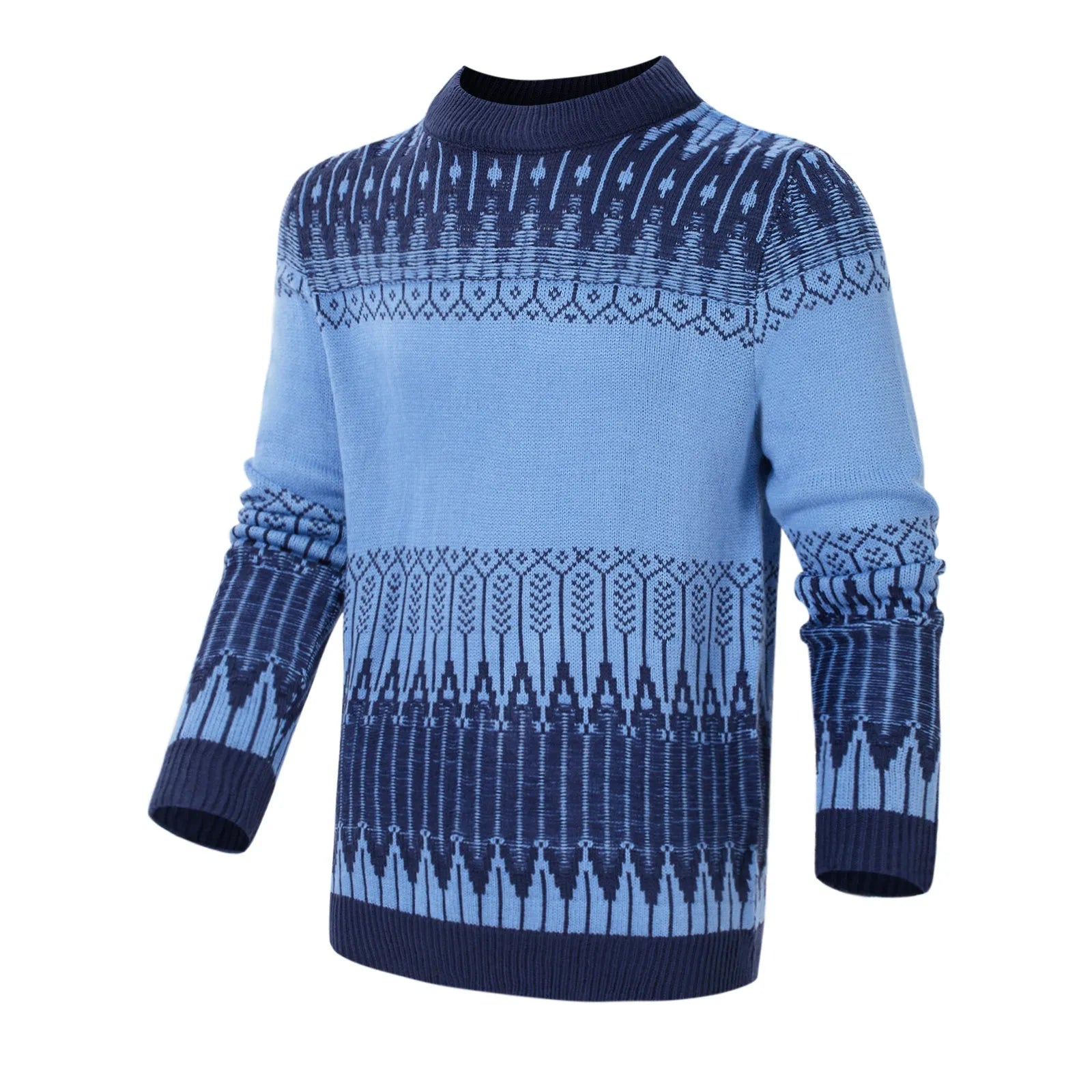 Men's grey crew neck knitted sweater with long sleeves laid flat