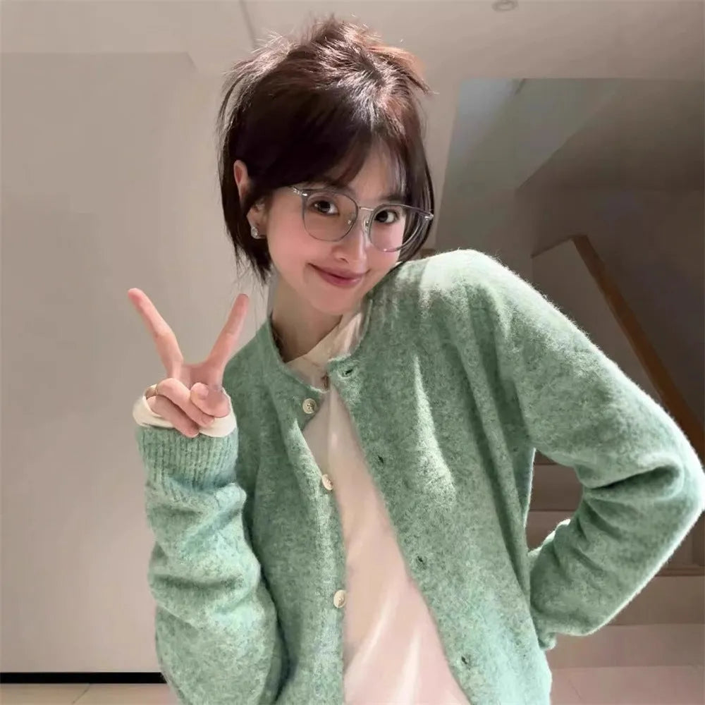 Loose cardigan top for women with splicing details in polyester knit fabric, free size, long sleeves