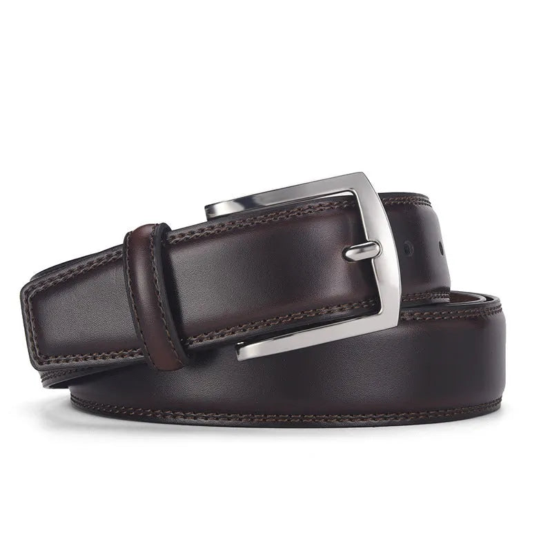 Men's black genuine leather belt with an alloy pin buckle, shown with a length measurement chart.