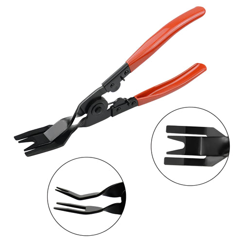 Red handled automotive door panel clip removal tool for General Motors vehicles
