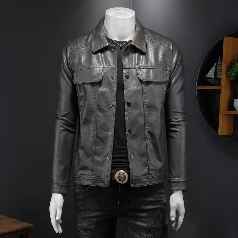 Men's long-sleeved lapel motorcycle PU leather coat in black, regular fit, bag cover slit pockets