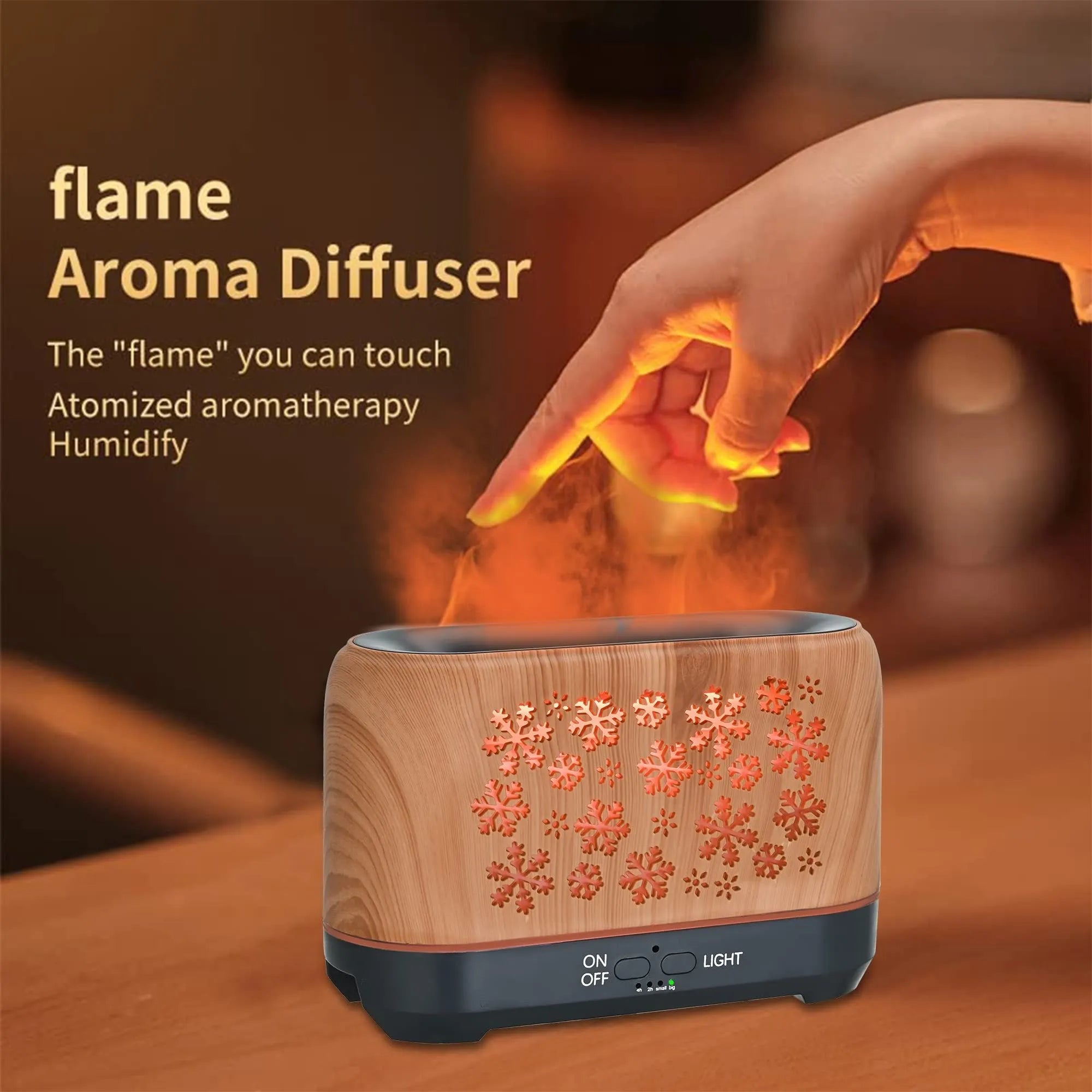 Square snowflake wood grain aromatherapy humidifier with colourful LED flame effect and remote control