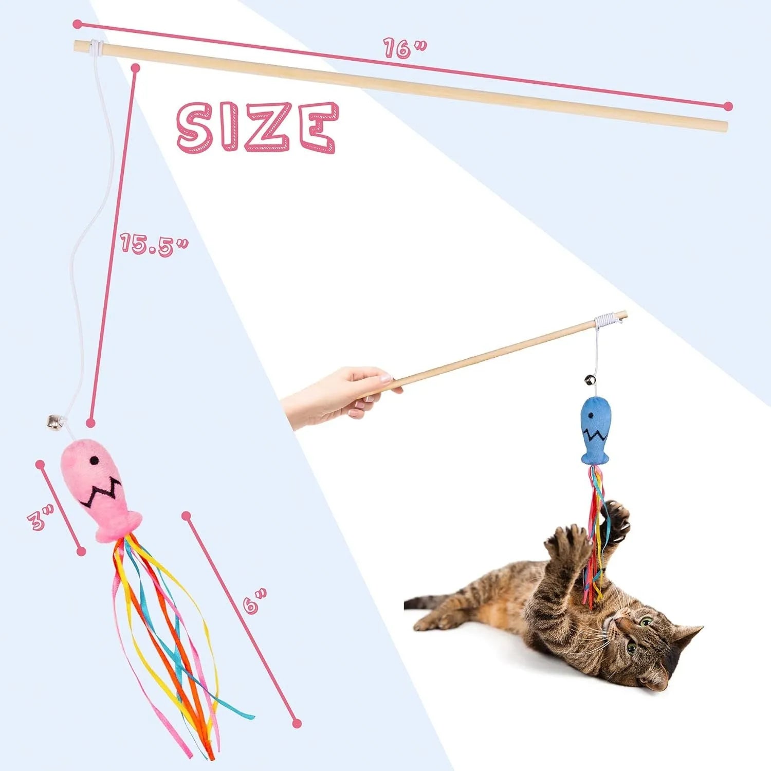 Colourful cat wand toy with ribbons, bell, and catnip fish on a wooden handle.