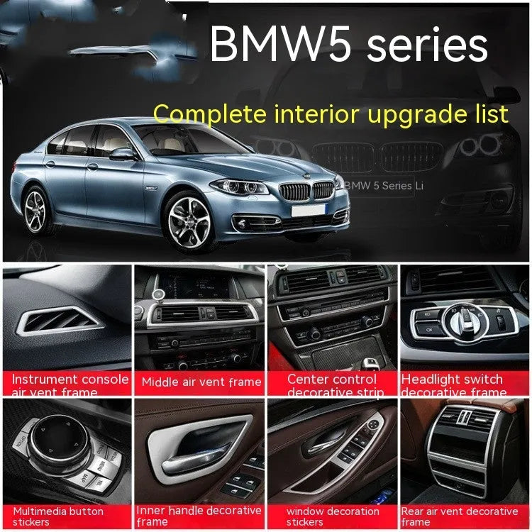Four silver-finished interior handle decorative frames for BMW 5 Series F10 F11 models on a dark background.