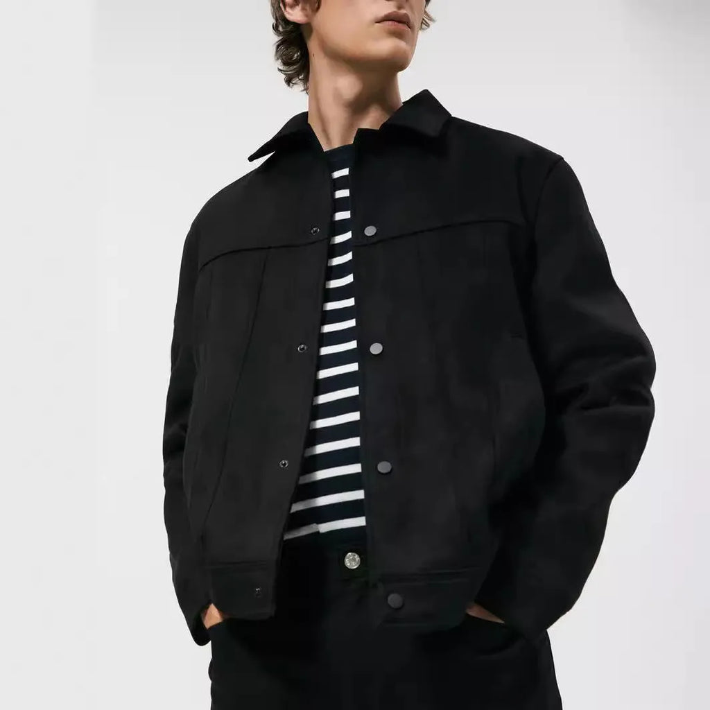 Black men's hooded jacket with a suede collar and side seam pockets