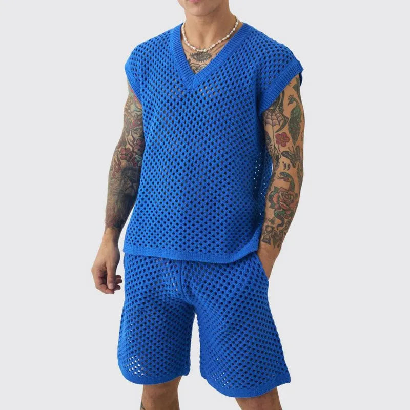 Men's blue V-neck sleeveless vest and matching shorts sports suit on hanger