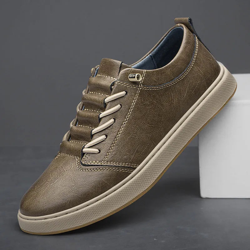 Men's big size cowhide leather board shoes in beige with round toe and low-cut lace-up design