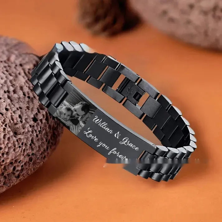 Men's titanium steel bracelet with curved heart shape featuring black personalisation text