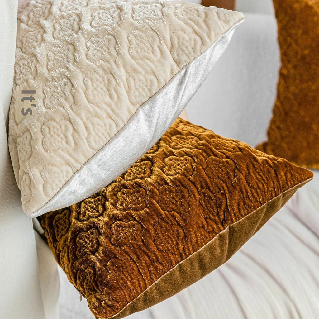 Traditional Chinese antique-style quilted cushion pillow in brown gold colour with three-dimensional pattern