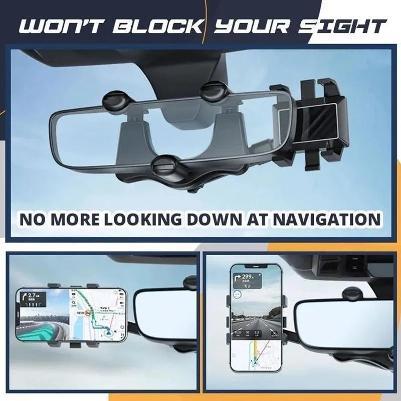 Black rearview mirror car phone holder with telescopic arm and 360° rotating joint on a car mirror.