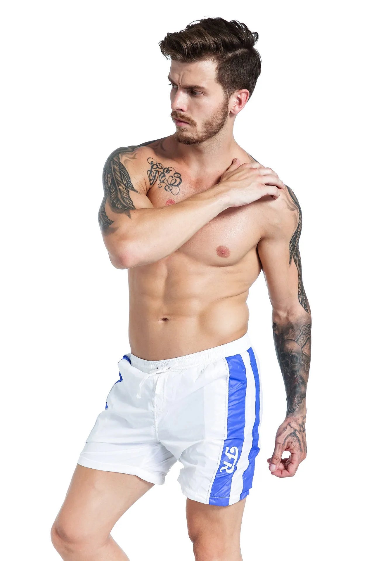 Men's slim-fit blue sports shorts with a lace-up front and supportive padding.