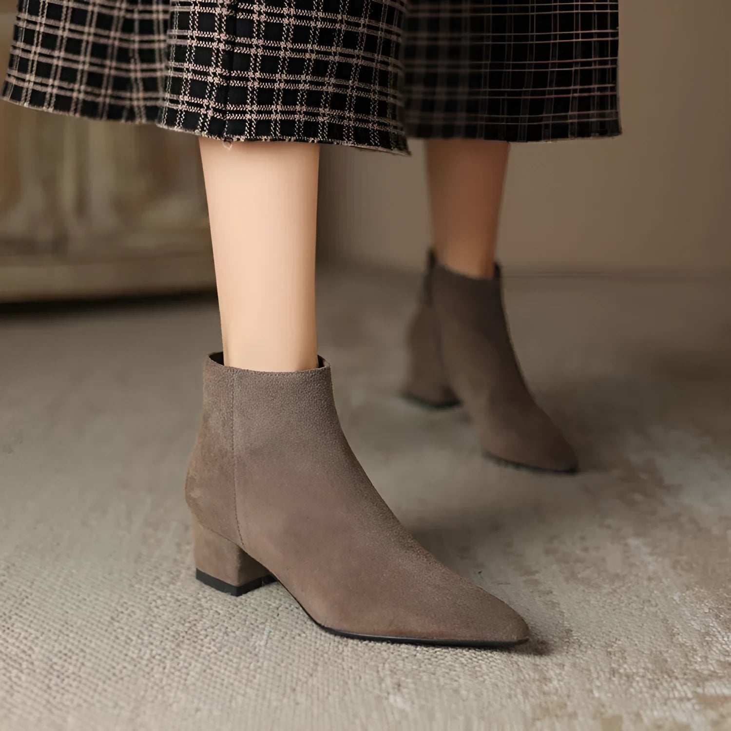 Women's matte suede chunky-heel ankle boots with pointed toe and side zipper in black with cotton lining