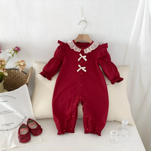 Red cotton baby jumpsuit with long sleeves and double-breasted front, suitable for girls aged 66cm to 90cm