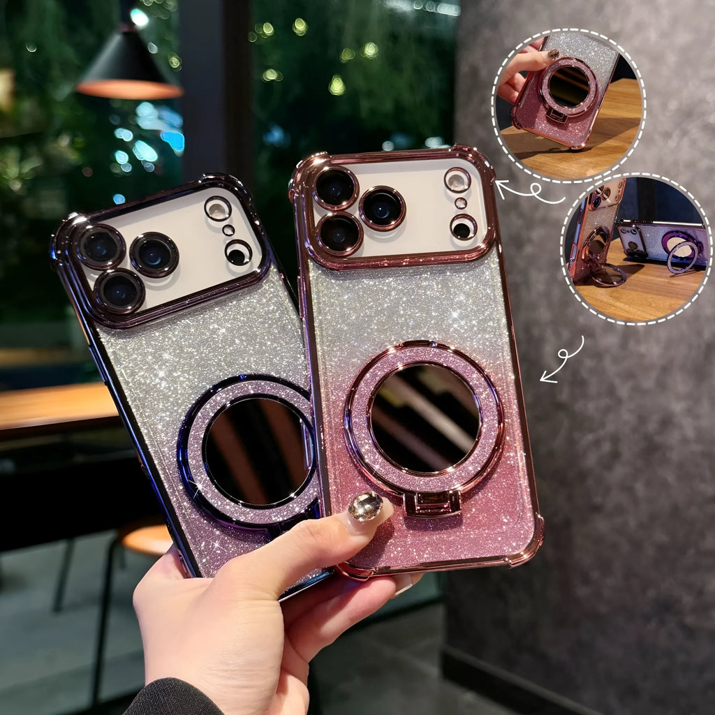 Glitter mirror magnetic bracket TPU phone case for iPhone 17 series in gradient flash mirror colours