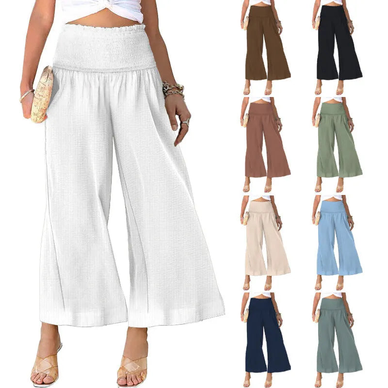 Women's high-waist straight-leg cropped trousers in cotton, shown in a light colour with a front pleat detail.
