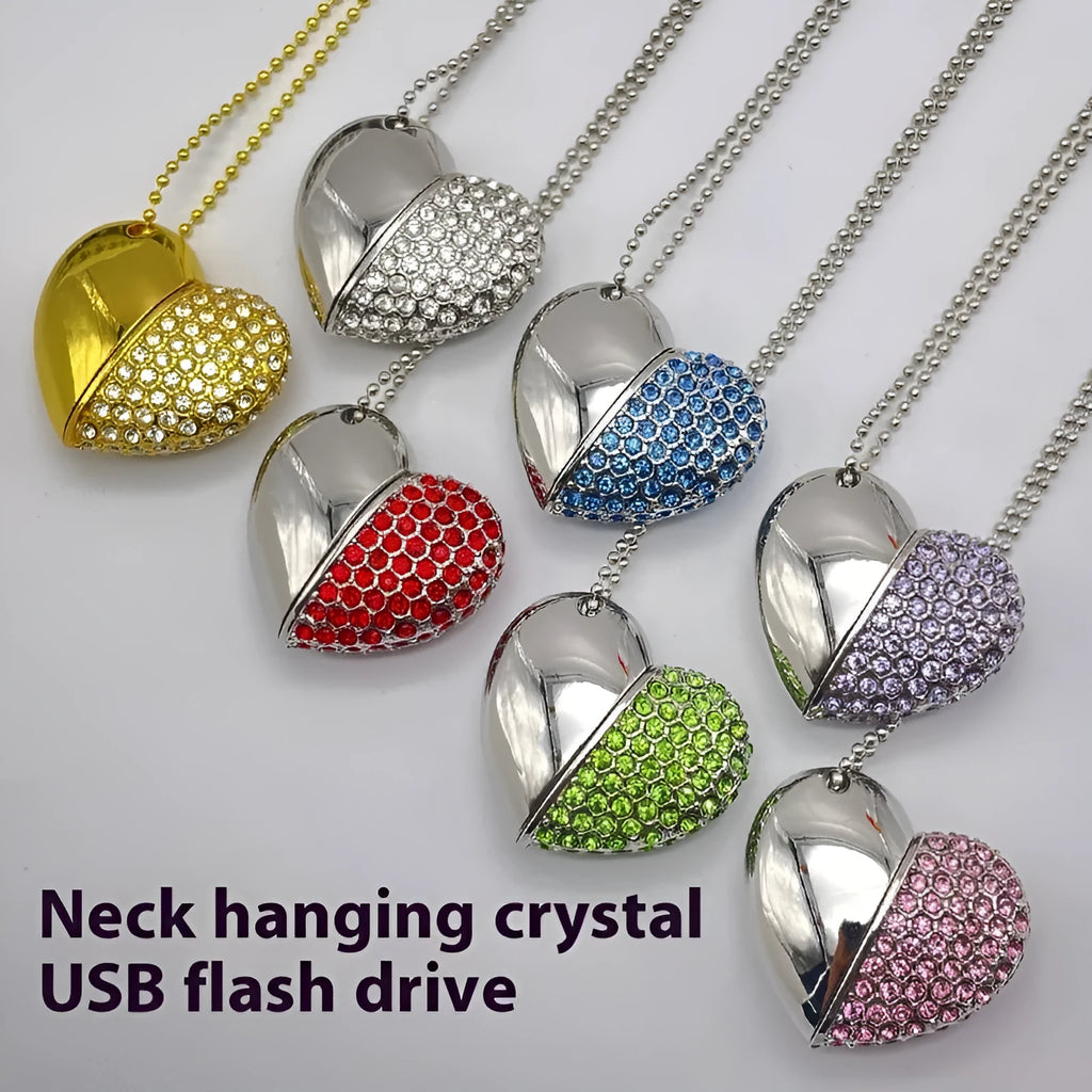 Brick-inlaid heart-shaped metal USB flash drive in multiple colours on a white background.