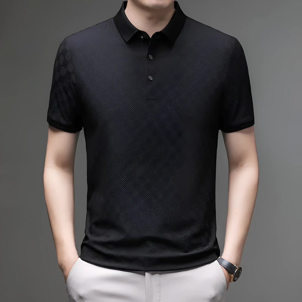 Rhombus thin ice silk V-neck short sleeve T-shirt on a hanger, showing slit hem detail.