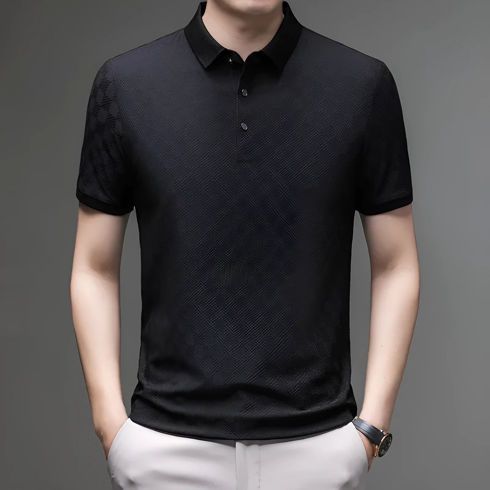 Rhombus thin ice silk V-neck short sleeve T-shirt on a hanger, showing slit hem detail.