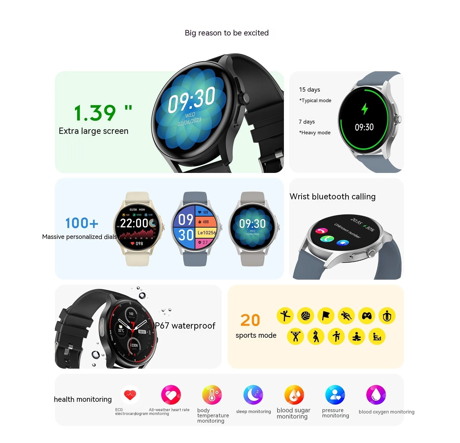Non-invasive blood glucose detection smart watch with heart rate and blood pressure monitoring, IPS screen, black colour, on wrist