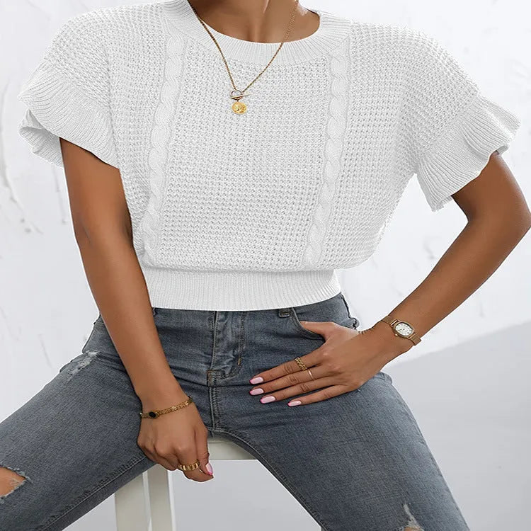 Twisted string knitted pullover sweater with ruffle sleeves in loose Japanese Korean casual style