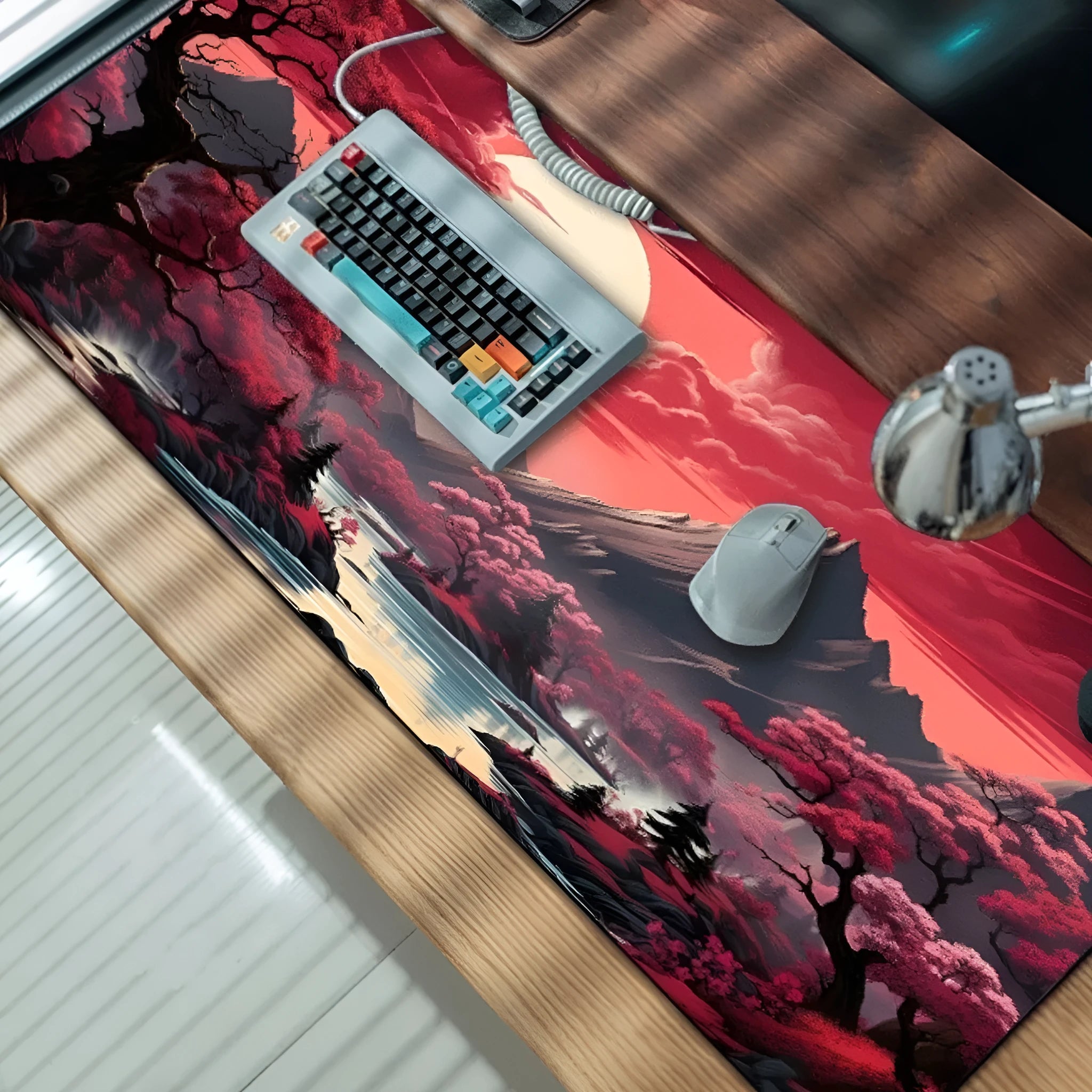 Custom anime graphic gaming mouse pad with non-slip rubber base on a wooden desk.